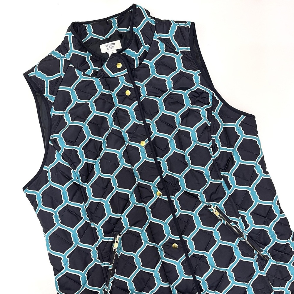 Crown & Ivy Women's Quilted Vest Navy Turquoise Chain Link Pattern Medium